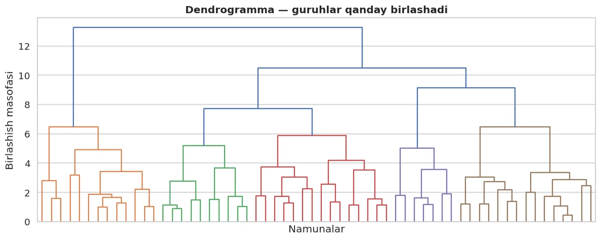 Pastdan yuqoriga: har nuqta o'z guruhida boshlanadi, keyin bosqichma-bosqich birlashadi. Gorizontal kesim K ni beradi.