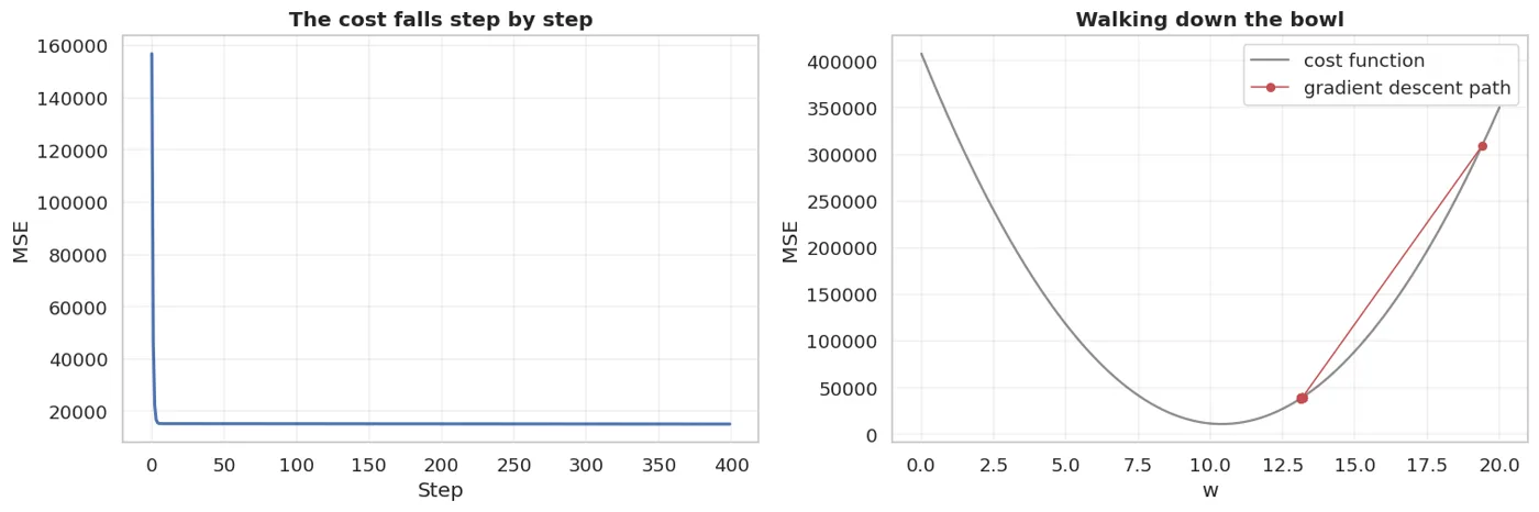 Left: the cost goes down at every step. Right: what those steps look like on the bowl.