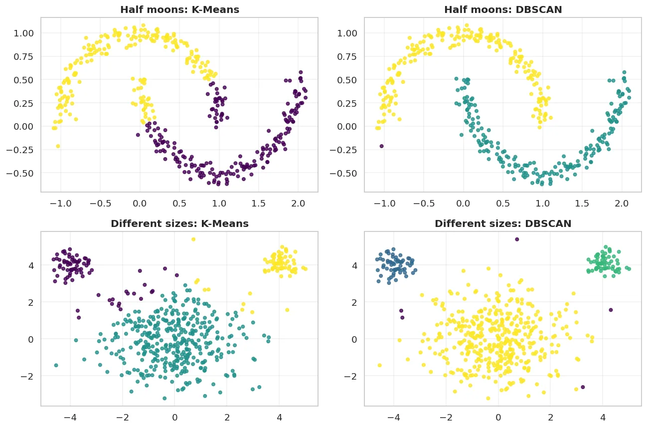 K-Means expects round groups of equal size. DBSCAN finds any shape.