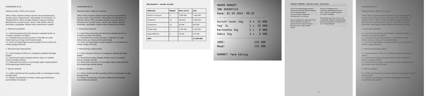 Chapdan o'ngga: 03 toza skan, 05 telefon surati (soya), 07 jadval, 10 chek (telefon), 14 gazeta (bleed-through), 15 juda xira
