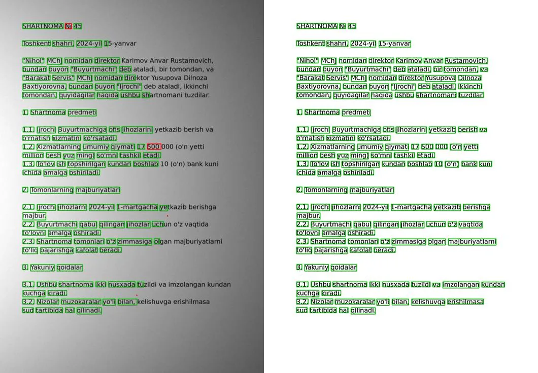 05_telefon_soya.jpg: chapda preprocessing siz (soyali qismda so'zlar yo'qolgan: 114 ta), o'ngda adaptive threshold dan keyin (143 ta, hammasi yashil)