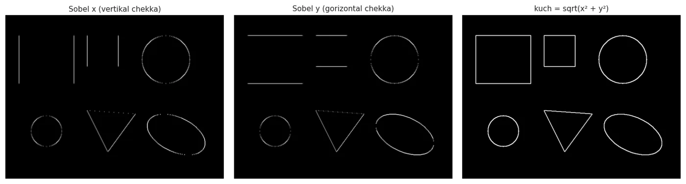 x bo'yicha hosila tik chiziqlarni, y bo'yicha yotiq chiziqlarni ko'rsatadi.