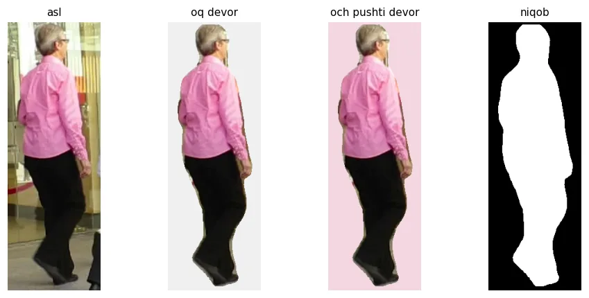 Bitta odam: asl foni, oq va och pushti devor oldida, va uning niqobi. Niqobdagi oq piksellar — vektor faqat shulardan hisoblanadi.